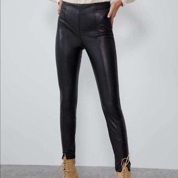 Zara Black Faux Leather High Waist Skinny Ankle Zip Leggings Small - Picture 2 of 14